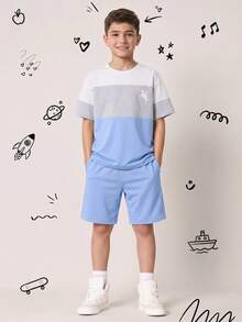 SHEIN 2pcs/Set Kids Tween Boy Light Blue Summer Casual Vacation Contrast Color Block Round Neck Short Sleeve T-Shirt And Shorts Tracksuit Set,Back To School - Multicolor - View 5