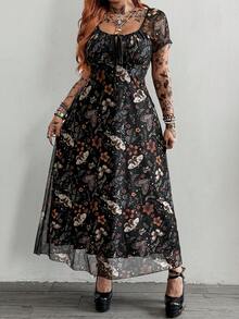 Whyspr Elegant Sexy Sheer Mesh Ruched Drawstring Waist A-Line Punk Grunge Goth Style Long Dress, Black, Plus Size - Black - View 5
