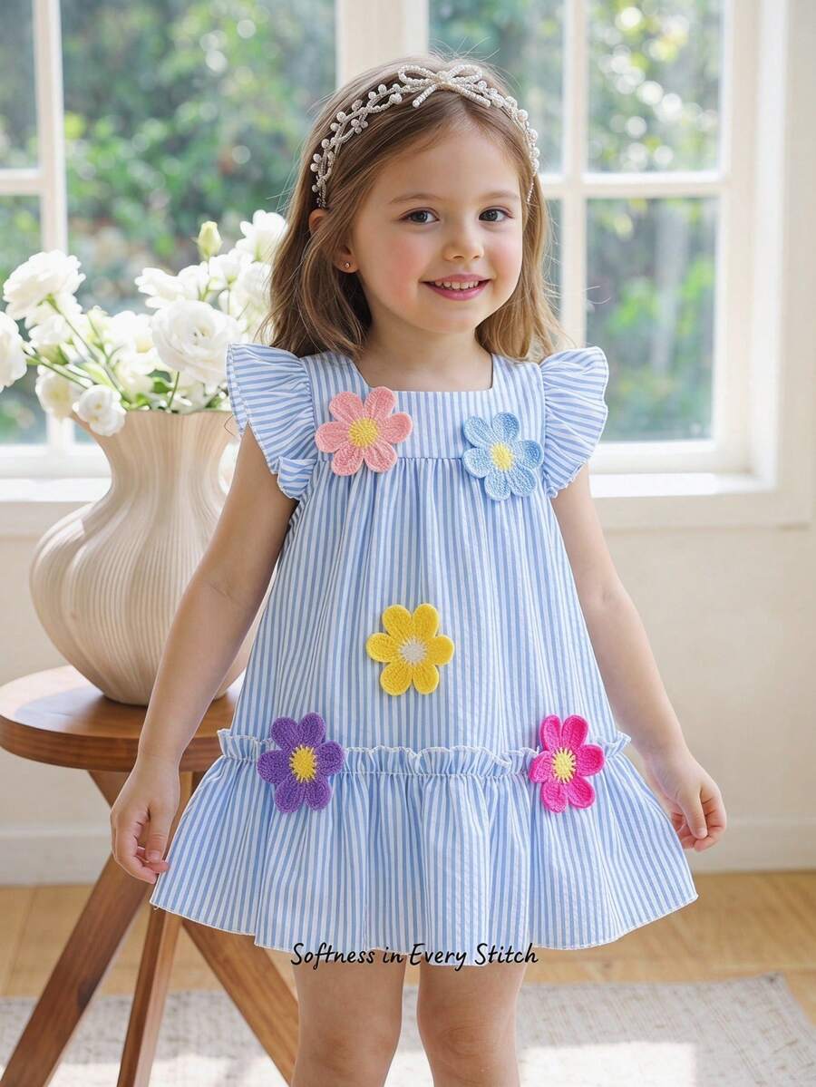 SHEIN Baby GirlColorful Striped Floral Trim Casual Cute Dress With 3D Flower Decor, Spring/Summer - Blue - View 1