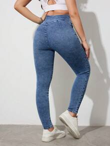 SHEIN Tall Quần jean nữ cạp cao, ôm sát, co giãn, thích hợp cho trang phục thường ngày mùa hè, dự tiệc và phong cách đường phố. Quần jean nữ ôm sát, co giãn, màu xanh dương, dành cho nữ cao. - Màu xanh lam - Xem 2