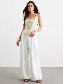 CielaLinda Áo tank top nữ kẻ sọc cổ vuông cài cúc phía trước, áo camisole không tay kiểu dáng thường ngày. - Vàng nhạt - Xem 3