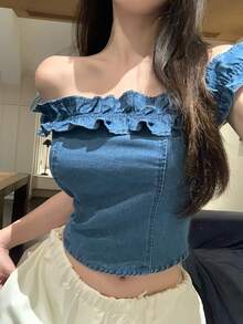 DAZY Vintage Washed Blue Off Shoulder Top With Lace Patchwork, Casual Street Style Denim Blouse For Women, Spring & Summer - Medium Wash - View 6