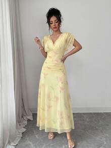 Elenzga Vestido de malla rosa claro con estampado de peonía con forro, adecuado para eventos formales, fiestas, citas de San Valentín para edades de 20 a 35+ años (estampado floral aleatorio) - Amarillo claro - Ver 6