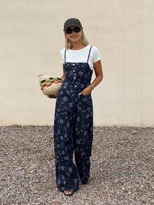 Livesso Women's Casual Ditsy Floral Washed Straight Leg Jeans, Overalls And Jumpsuits, Suitable For Spring And Summer, Vacation And Street Style - Blue - View 4