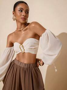 Vesra Women's Solid Color Off-Shoulder Metal Buckle Decorated Blouse - Apricot - View 6