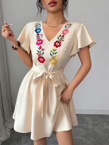 Elenzga Đầm hè nữ in hoa cổ chữ V có thắt lưng - Màu be - Xem 4