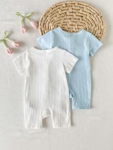 SHEIN Playful Pals 2件/組 新生女嬰連身褲 羅紋針織短袖連身衣 前方蝴蝶結 藍白條紋 夏季可愛親子套裝 彈性 - 淺藍色 - 查看 2