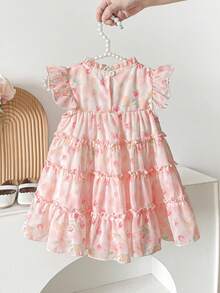 SHEIN Vestido de niña pequeña de estilo casual con estampado floral y decoración de lazo, adecuado para primavera, verano, otoño, uso en casa, vacaciones, fiestas y uso diario - Multicolor - Ver 2