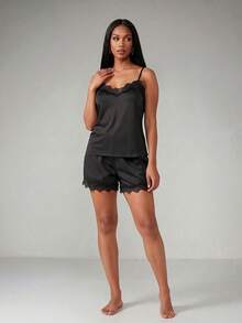 Silforma Lace Trim Satin Cami Top & Shorts PJ Set / Pajama Set - Black - View 3