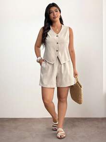Enliva Plus Size Vest And Shorts Set For Women Summer, Elastic Waist Casual Design With Pockets, For Apple And Rounded Body Shape Bussines Dinner Beige - Apricot - View 7