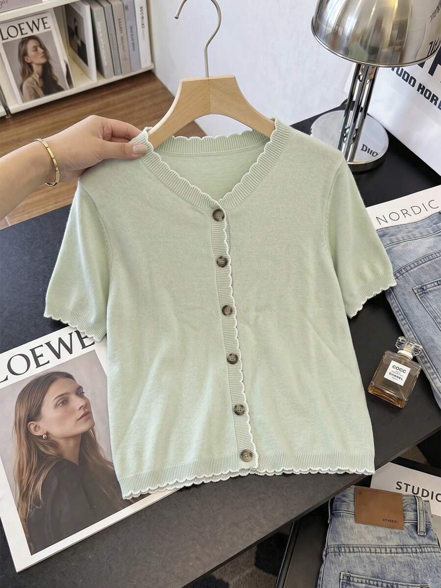 Franclia Cárdigan de mujer de manga corta con cuello en V y un solo abotonado, versátil para uso diario casual - verde menta - Ver 1