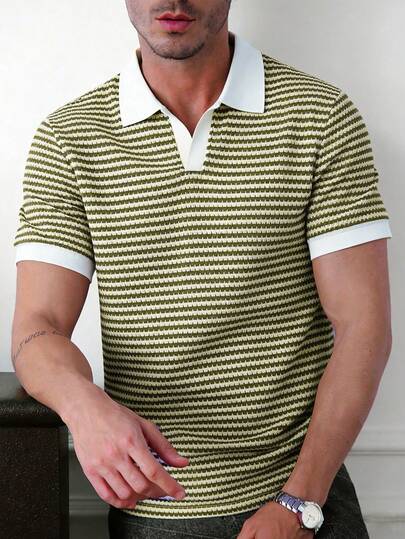 Core Aspect Men's Striped Patchwork Casual Versatile Commuting Short Sleeve Polo Shirt