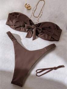Elavelle Women's Solid Color Strapless Circular Decor Bikini Set, Spring/Summer - Brown - View 2