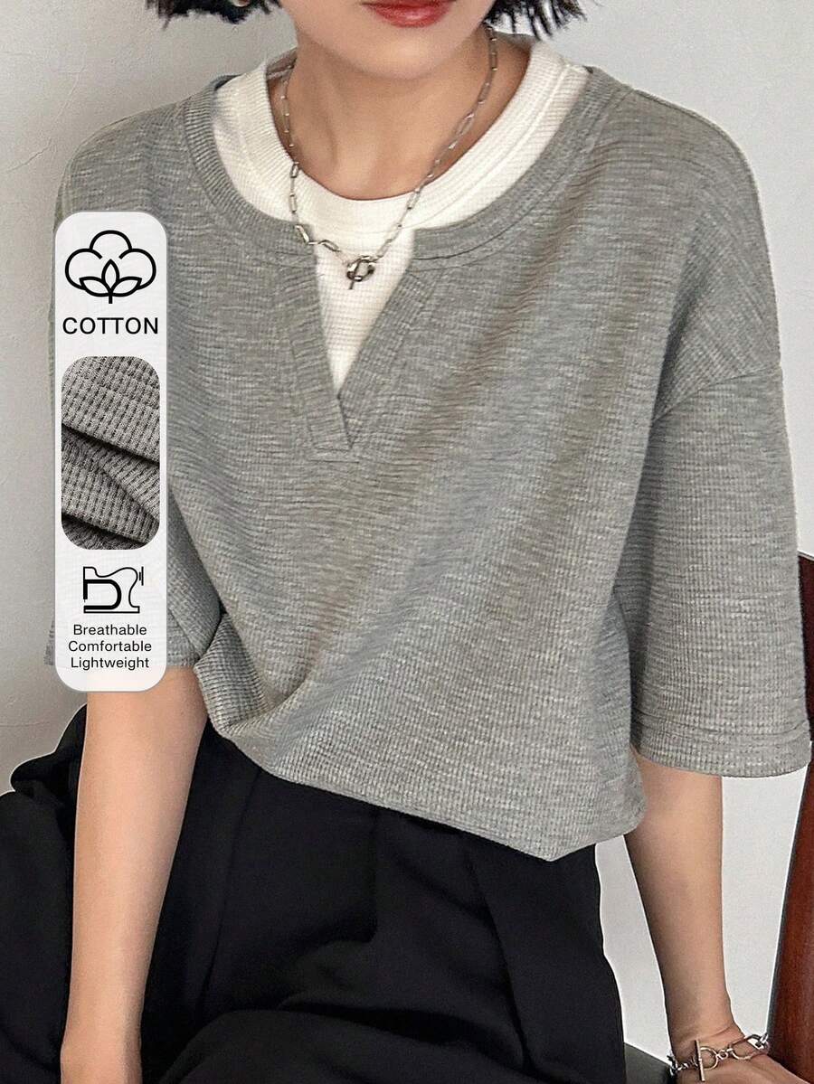 FRIFUL 女士休闲撞色圆领短袖T恤，夏季 - 白色 - 查看 1
