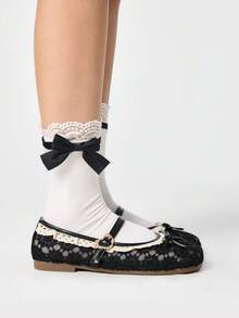 ROMWE Kawaii Women's Fashionable & Sweet Bow Decor Flats Valentine's Day Y2K - Black Hollow Lace - View 5
