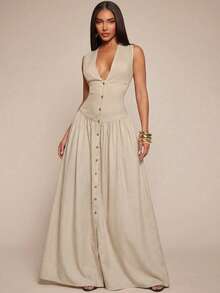 SHEIN Tall CURVE Đầm mùa hè cỡ lớn, kiểu dáng tối giản, cổ chữ V sâu, cài cúc phía trước, không tay. - Màu be - Xem 7