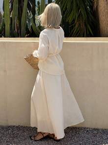 DAZY Casual Beige Long Shirt And Long Skirt 2 Pieces Set For Women, Spring/Summer Lounge Sets For Women - Beige - View 2
