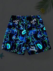 SHEIN Celana Pendek Pantai Longgar, Serbaguna, Nyaman, Kasual untuk Remaja Laki-laki, Motif Video Game Bercahaya dalam Gelap, Patchwork, Lapisan Dalam Ketat - MultiWarna - View 5