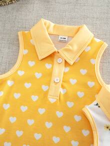 SHEIN 2件/套 女童夏季可愛馬卡龍黃色無袖 Polo 領荷葉邊裙襬圓點印花美人魚裙 休閒運動風 適合公園散步 - 黃色 - 查看 6