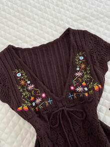 Elamini Women's Versatile Delicate Embroidered Floral & Plant Pattern Bow Tie Knit Sweater Top - Coffee Brown - View 1