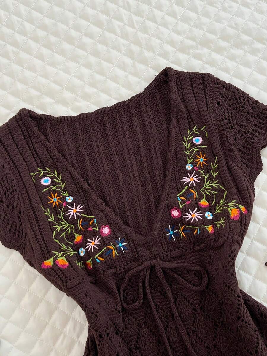 Elamini Women's Versatile Delicate Embroidered Floral & Plant Pattern Bow Tie Knit Sweater Top - Coffee Brown - View 1