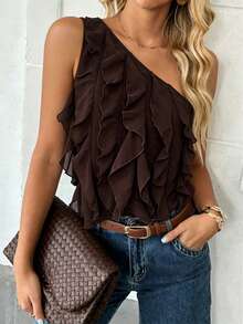 SHEIN PariChic Women Elegant Multi-Layer Ruffle Trim Single Shoulder Top,Coffee Brown Summer Casual Holiday Vacation Summer Outfits Chic Figure Flattering Top - Coffee Brown - View 5