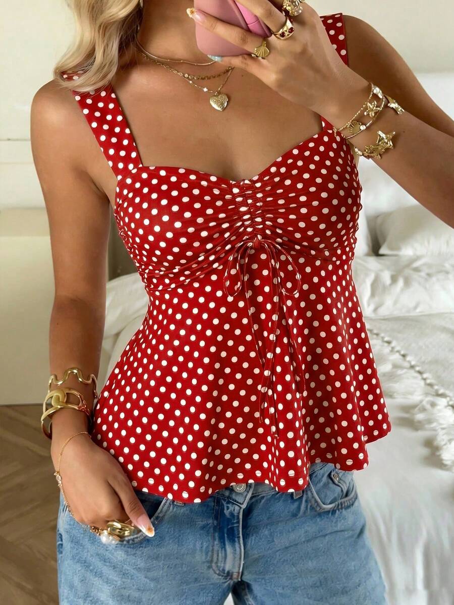 CovetEZ Top casual de mujer con estampado de lunares rojos y pliegues retorcidos - Rojo - Ver 1
