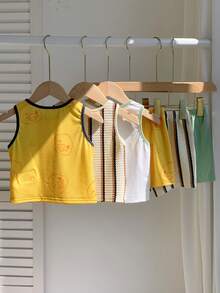 SHEIN 6pcs/Set Conjunto de Camiseta de Tirantes y Pantalones Cortos de Punto con Patrón de Dibujos Animados a Rayas Casual y Lindo para Bebé Niño, Conjunto Básico de Varias Piezas, Conjunto Lindo, Conjunto de Camiseta de Tirantes, Conjunto a Rayas, Conjunto de Pato, Conjunto de Vacaciones, Conjunto de Días Festivos - Multicolor - Ver 2