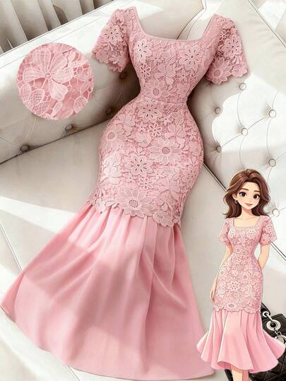 GlowEve CURVE Plus Size Women's Lace Hollow Design French Elegant Romantic Dress, Suitable For Dates, Commuting, Weddings And Formal Occasions