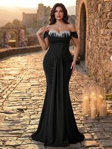 Aureia Đầm dạ hội cỡ lớn sang trọng, thanh lịch, đính cườm, dệt kim, phối sequin, xếp ly eo, vạt đuôi cá, dây buộc cổ có thể tháo rời, phù hợp cho mọi dịp trang trọng. - màu đen - Xem 5