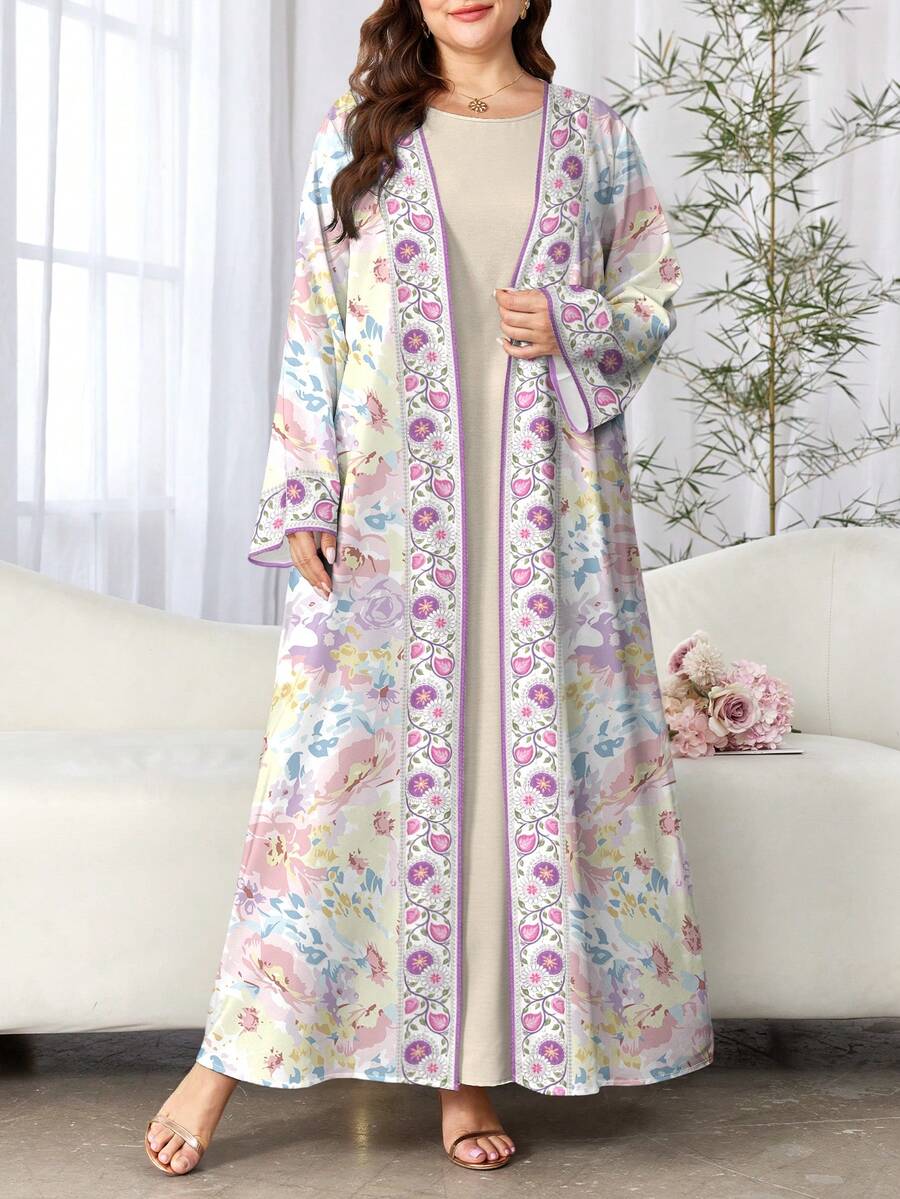 SHEIN Najma 花卉植物图案滚边大码女装连衣裙,优雅阿拉伯风格长袍,春夏时尚长袖开衫长款外套,花卉印花多色卡夫坦长袍 - 彩色 - 查看 1