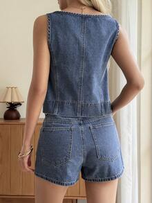 DAZY Bộ đồ denim mùa hè dành cho nữ, gồm áo hai dây cổ vuông dáng rộng và quần short, kiểu dáng thường ngày. - Rửa trung bình - Xem 4