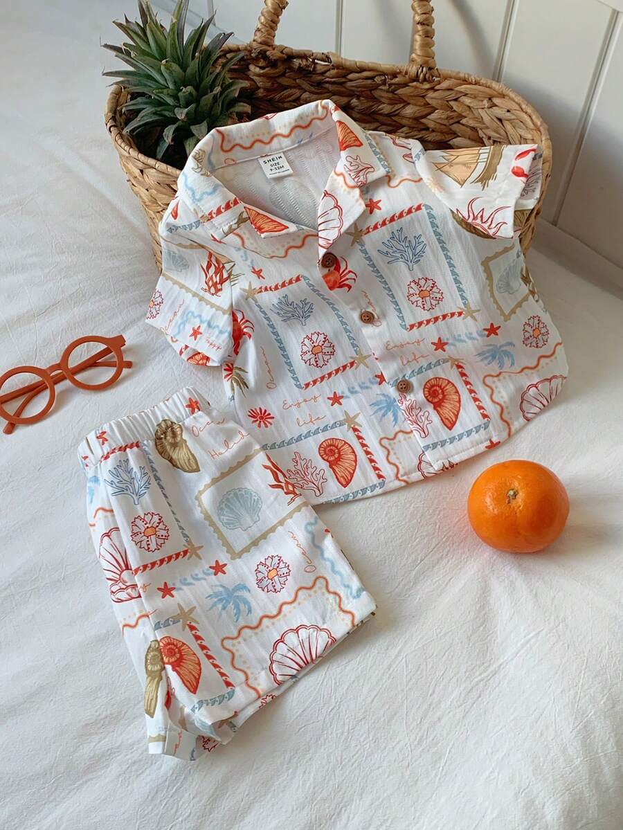 SHEIN 2 Stücke Unisex Baby Jungen/Mädchen Casual Süß Urlaubsstil Kurzarm Hemd und Shorts Set, Baby Jungen Outfit Sets, Baby Jungen Sommer Kleidung - Aprikosenfarben - Übersicht 1