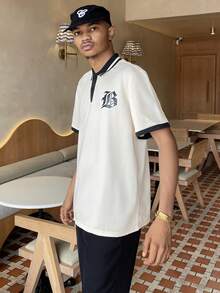 Ngobest Haus Ngobest Haus 男士休闲拼色字母印花 Polo 衫，夏季 - 杏色 - 查看 6