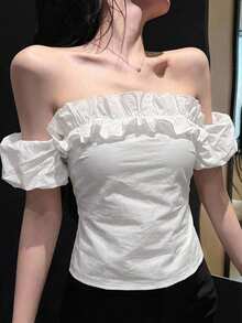 DAZY Blusa elegante de manga corta con volantes y patchwork para mujer, ideal para festivales de música, vacaciones, día del amor, bodas y fiestas, con estilo ajustado y hombros descubiertos, en Y2K - Blanco - Ver 2