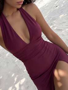 Bonvoyette Đầm maxi hở lưng hở lưng màu đỏ, cổ chữ V gợi cảm, xẻ tà cao, ôm sát, không tay, không đối xứng, sang trọng, thanh lịch, đầm dạ hội, trang phục lễ hội, thời trang đường phố, trang phục hòa nhạc, trang phục câu lạc bộ, trang phục đêm hẹn hò, trang phục sinh nhật cho phụ nữ, váy mùa thu và mùa đông, trang phục dự tiệc phải có, trang phục giáng sinh, váy ngày lễ tình nhân, váy năm mới, váy dự tiệc cưới - Gỗ đỏ - Xem 4