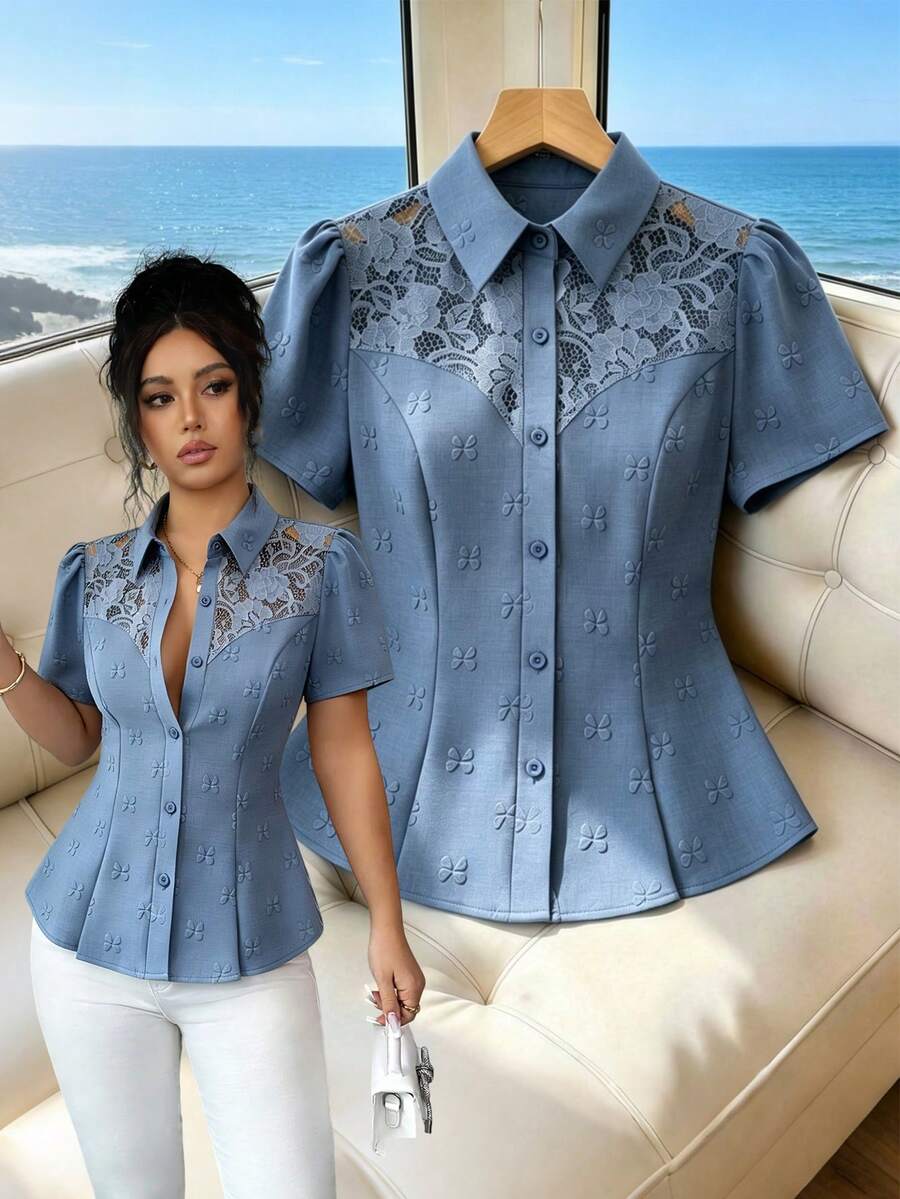 SHEIN Elenzya 女士蓝色四叶草纹理面料衬衫领,单排纽扣拼接镂空蕾丝花瓣袖收腰显瘦优雅办公休闲衬衫 - 藍色 - 查看 1