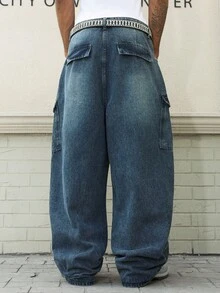 Manfinity EMRG Denim Cargo de Estilo Casual Unissex com Ajuste Folgado e Vários Bolsos - Azul - Visão 2