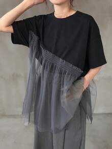 FRIFUL Women's Mesh Patchwork Minimalist Daily Wear Round Neck Short Sleeve T-Shirt Summer - Black - View 6