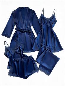 SilkySpell 5pcs Women Embroidered Trim V-Neck Camisole, Shorts, Pants, Nightgown, Robe Satin Pajama Set - Navy Blue - View 5