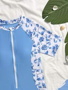 SHEIN Bộ áo tắm liền thân in hoa, khóa kéo nửa thân, kèm váy dành cho bé gái tuổi teen. - Nhiều màu - Xem 4