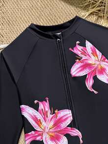 SHEIN Bộ đồ bơi liền thân dài tay, in họa tiết hoa, khóa kéo phía trước, dành cho bé gái tuổi teen, thích hợp cho kỳ nghỉ hè ở bãi biển. - màu đen - Xem 3