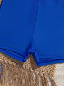 SHEIN Tween Girls Palm Tree Print Tie Side Tankini Swimwear Set, Random Print - Royal Blue - View 6