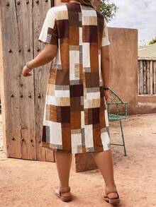 EMERY ROSE Plaid Patchwork Print V-Neck Button Decor Plus Size Dress - Coffee Brown - View 2