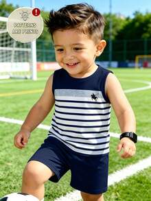 Souflis Souflis 2pcs Baby Boy Casual Striped Pattern & Polo Logo Print Vest + Solid Color Shorts Set, Suitable For Summer Outings - Multicolor - View 1