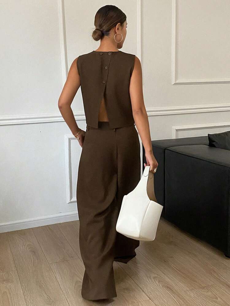 Women's Solid Color Round Neck Top And Pants Casual Two Pieces Set Petite