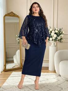 Modelyn Plus Size Solid Color Round Neck Raglan Casual Mesh Patchwork Sequin Decor Elegant 2-Piece Set - Navy Blue - View 4