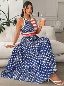 SHEIN EZwear 大码女式美国国旗印花休闲背心和迷你裙两件套 - 彩色 - 查看 5