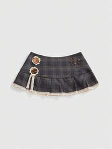 Sweetness Y2K Retro Sweet Versatile Button Decor Plaid Pleated Mini Skirt, Super Low Waist For Women - Grey - View 1