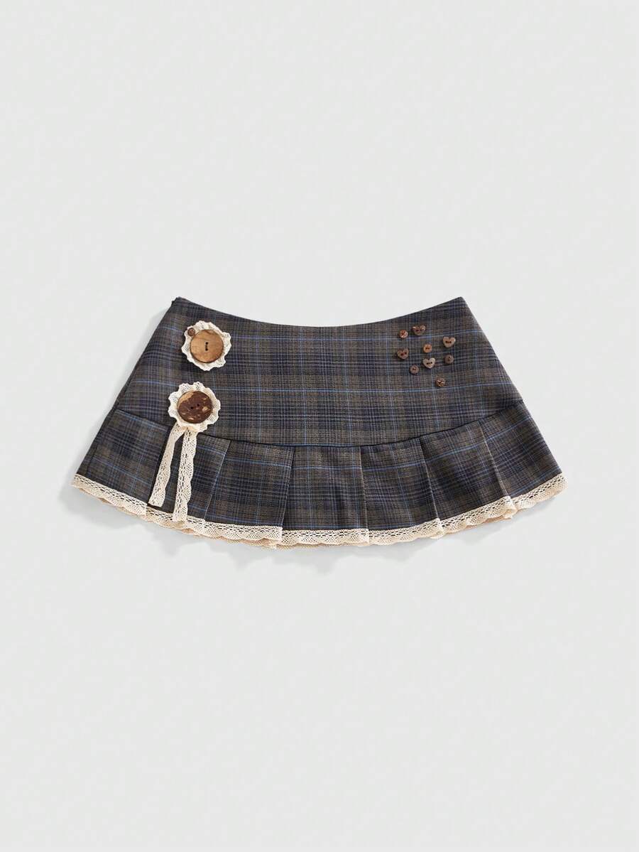 Sweetness Y2K Retro Sweet Versatile Button Decor Plaid Pleated Mini Skirt, Super Low Waist For Women - Grey - View 1